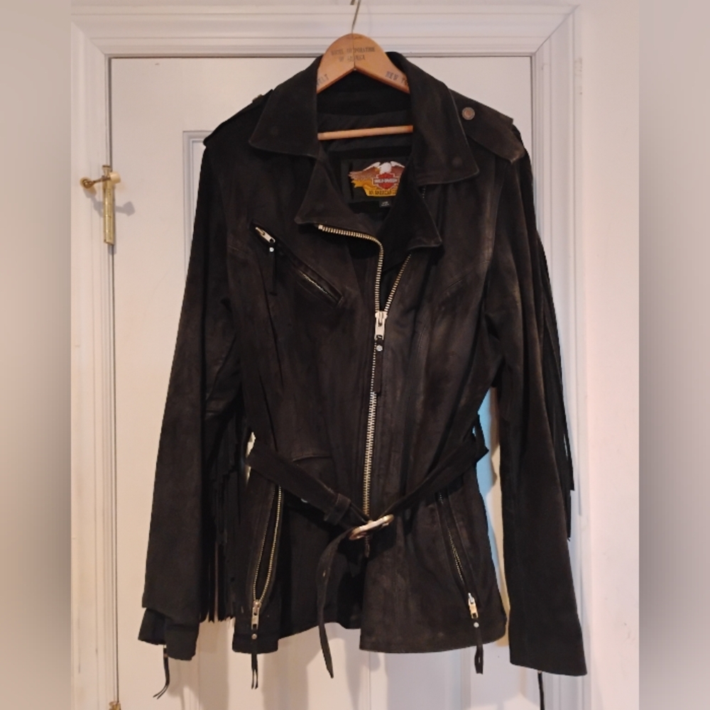 Harley Davidson Vintage '60s Black Suede Fringe Biker Moto Jacket Lg